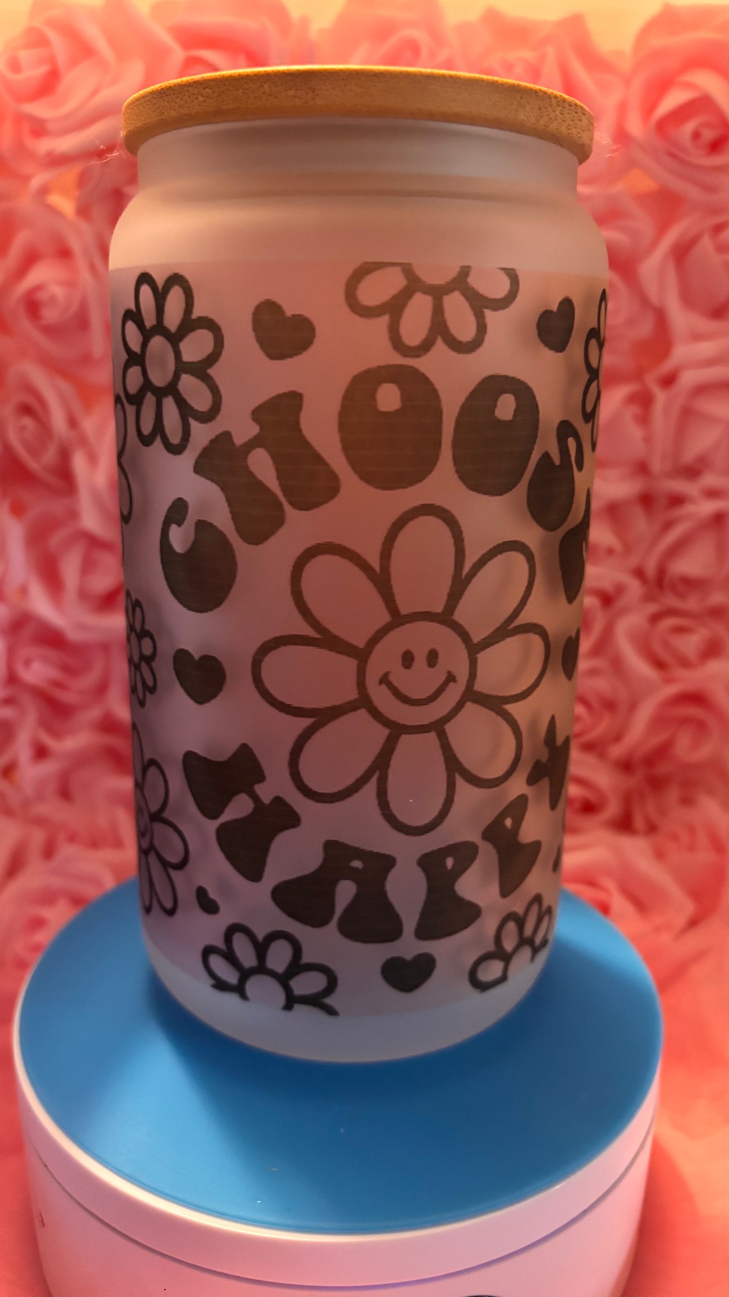Choose Happy Glass Can Cup 16oz | Retro Smiley Flower Cup w Lid & Straw | Cute Aesthetic Iced Coffee Cup | Trendy Gift for Her