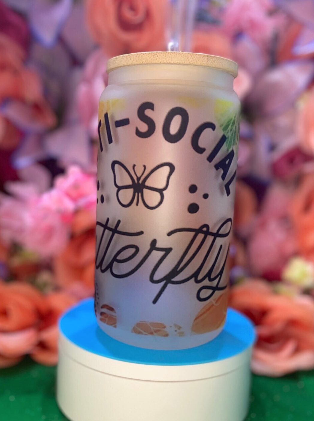Butterfly Frosted Glass Can Cup 16oz | Cute Iced Coffee Cup w/ Bamboo Lid & Straw | Aesthetic Coquette Drinkware | Gift for Her
