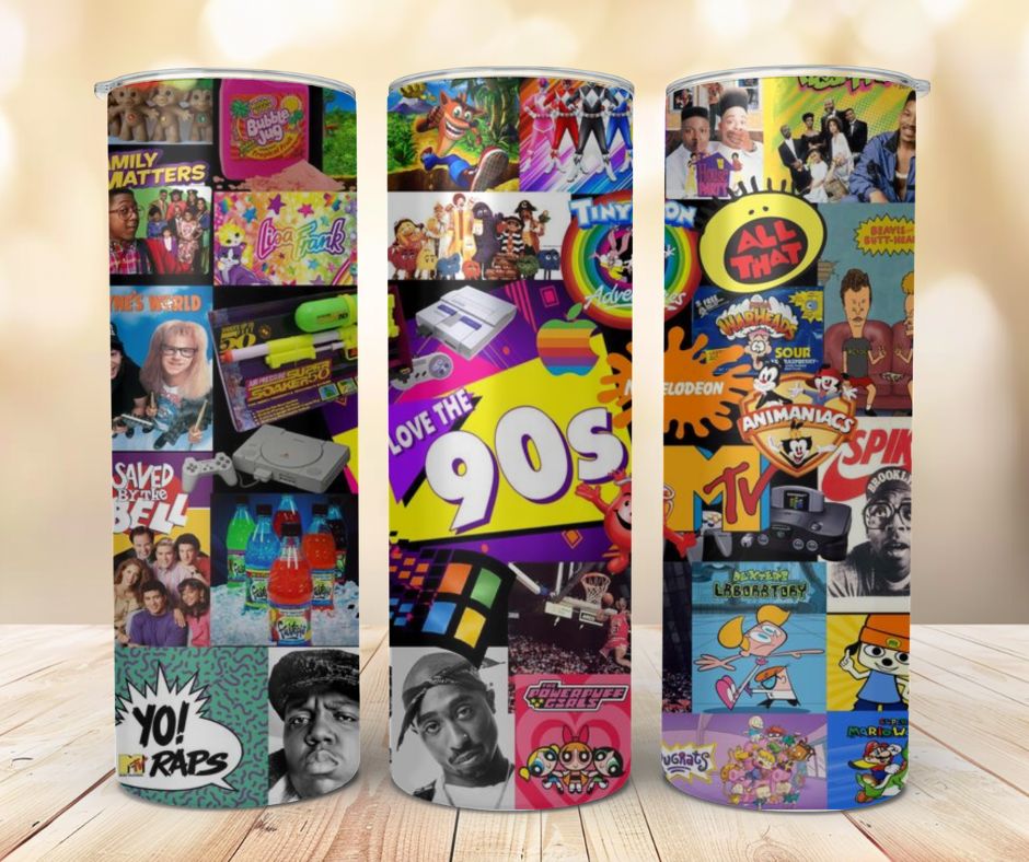 90s Nostalgia Collage Tumbler | 20oz Retro Cartoon & Throwback Custom Cup