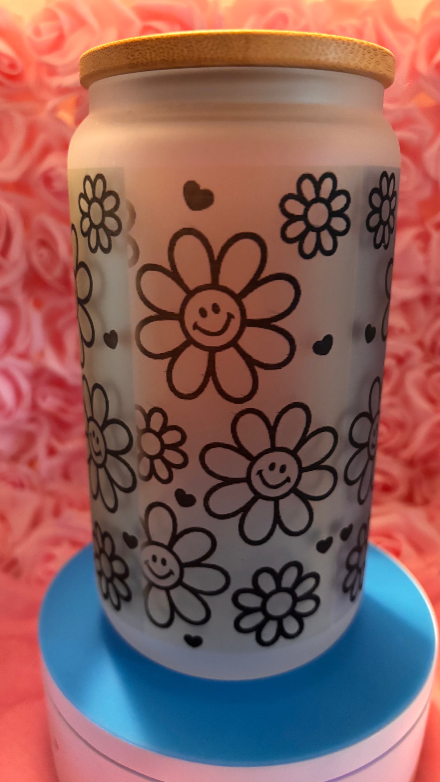 Choose Happy Glass Can Cup 16oz | Retro Smiley Flower Cup w Lid & Straw | Cute Aesthetic Iced Coffee Cup | Trendy Gift for Her