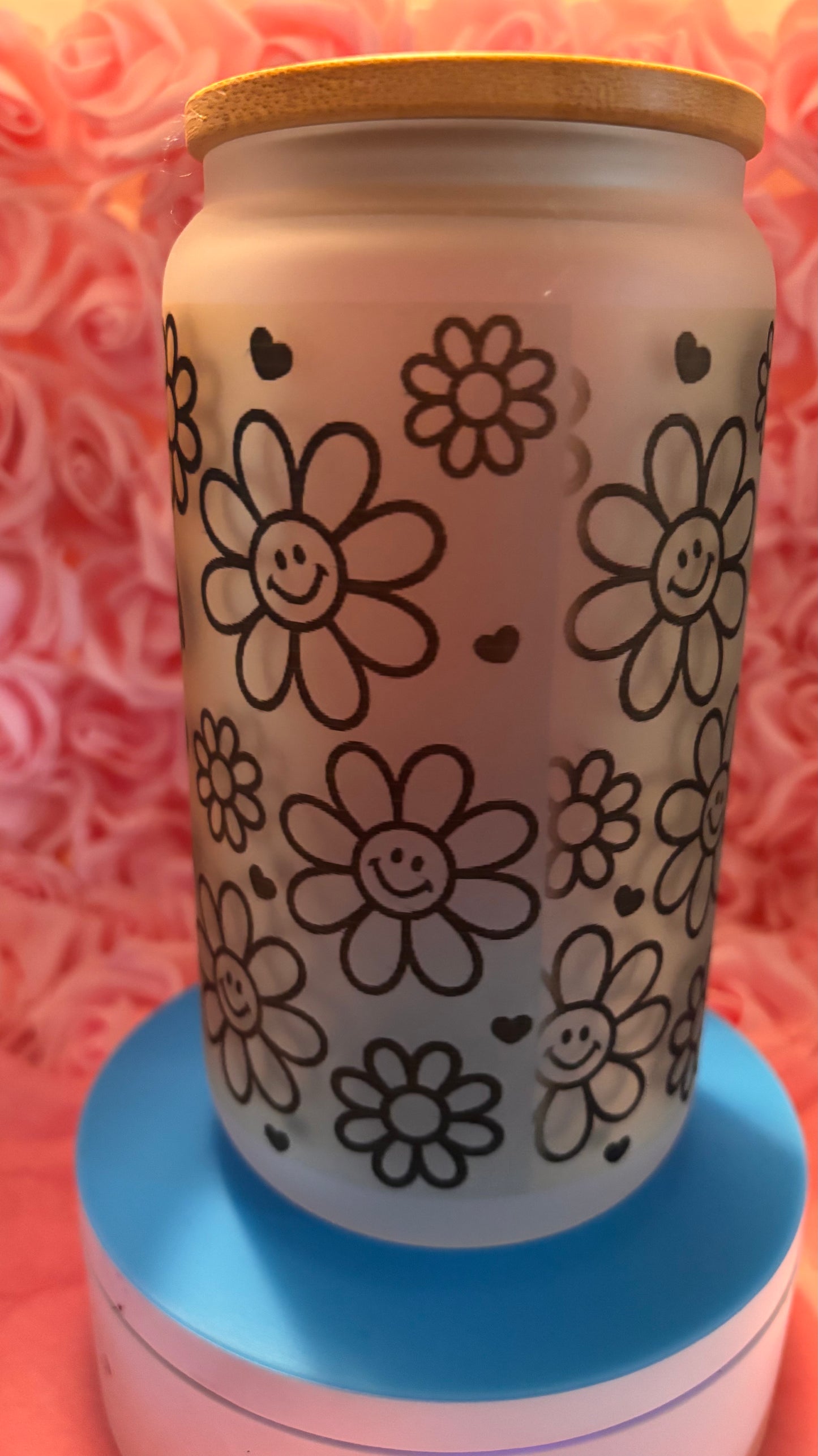 Choose Happy Glass Can Cup 16oz | Retro Smiley Flower Cup w Lid & Straw | Cute Aesthetic Iced Coffee Cup | Trendy Gift for Her