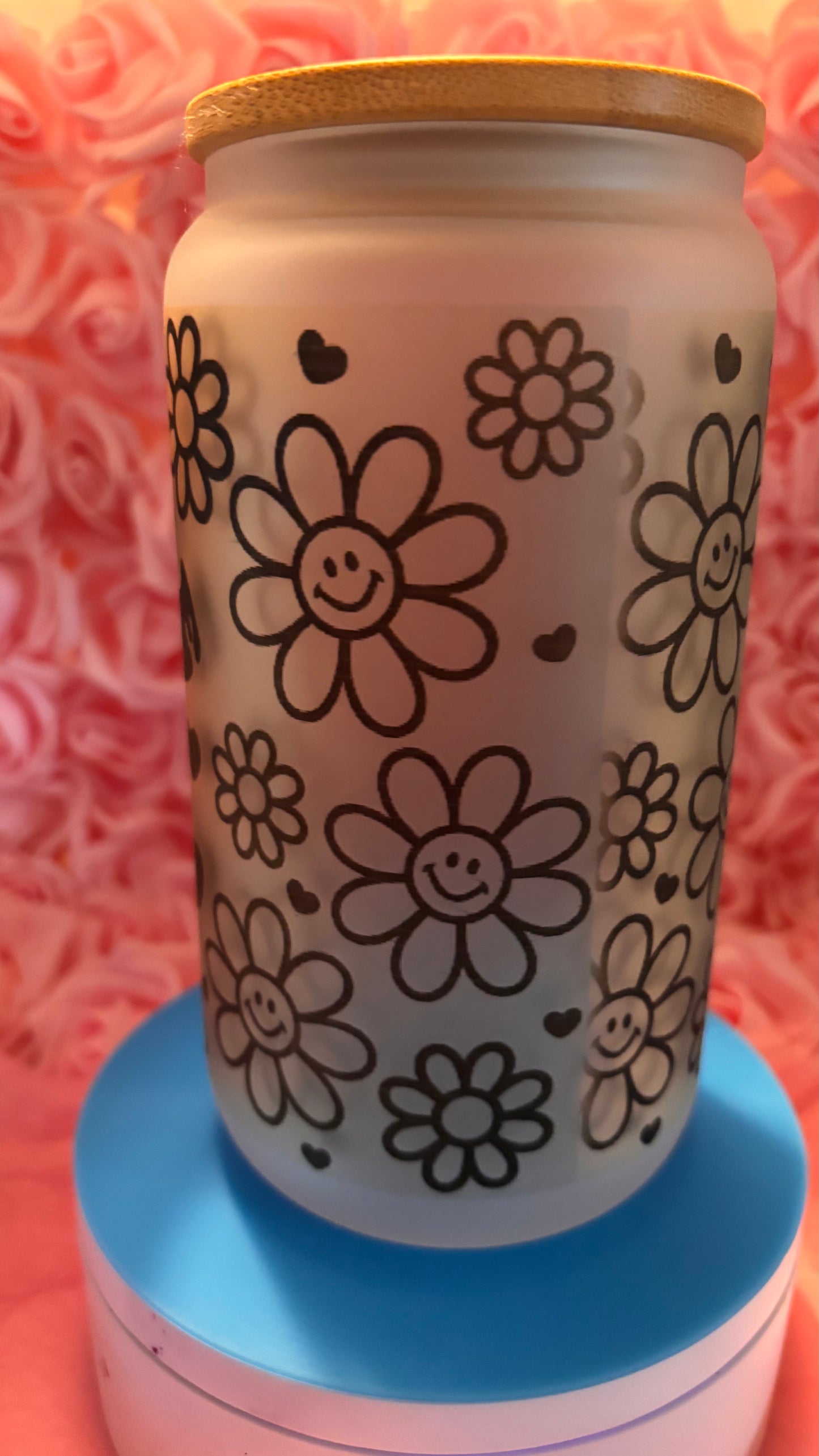 Choose Happy Glass Can Cup 16oz | Retro Smiley Flower Cup w Lid & Straw | Cute Aesthetic Iced Coffee Cup | Trendy Gift for Her