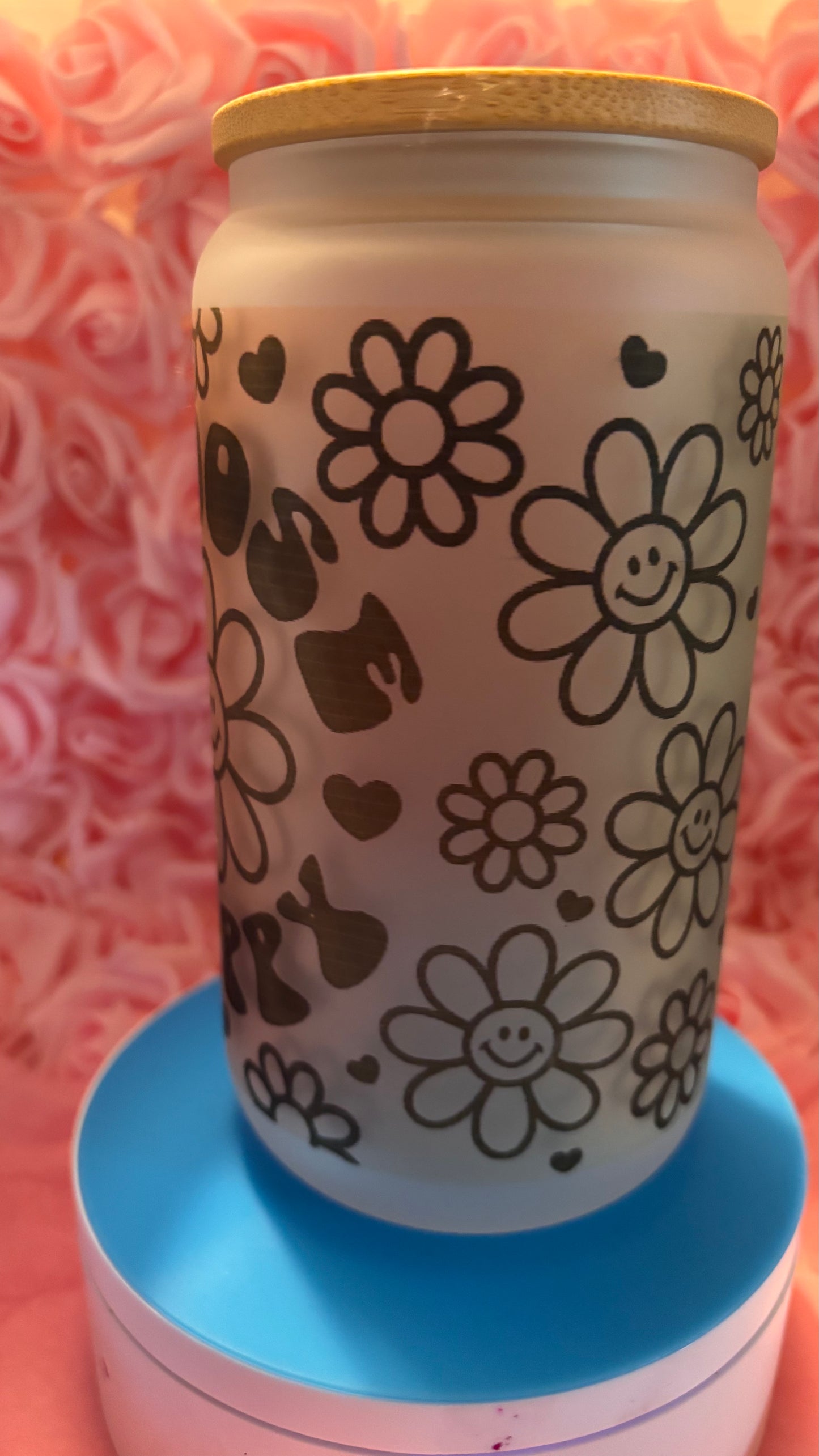 Choose Happy Glass Can Cup 16oz | Retro Smiley Flower Cup w Lid & Straw | Cute Aesthetic Iced Coffee Cup | Trendy Gift for Her