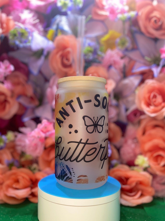 Butterfly Frosted Glass Can Cup 16oz | Cute Iced Coffee Cup w/ Bamboo Lid & Straw | Aesthetic Coquette Drinkware | Gift for Her
