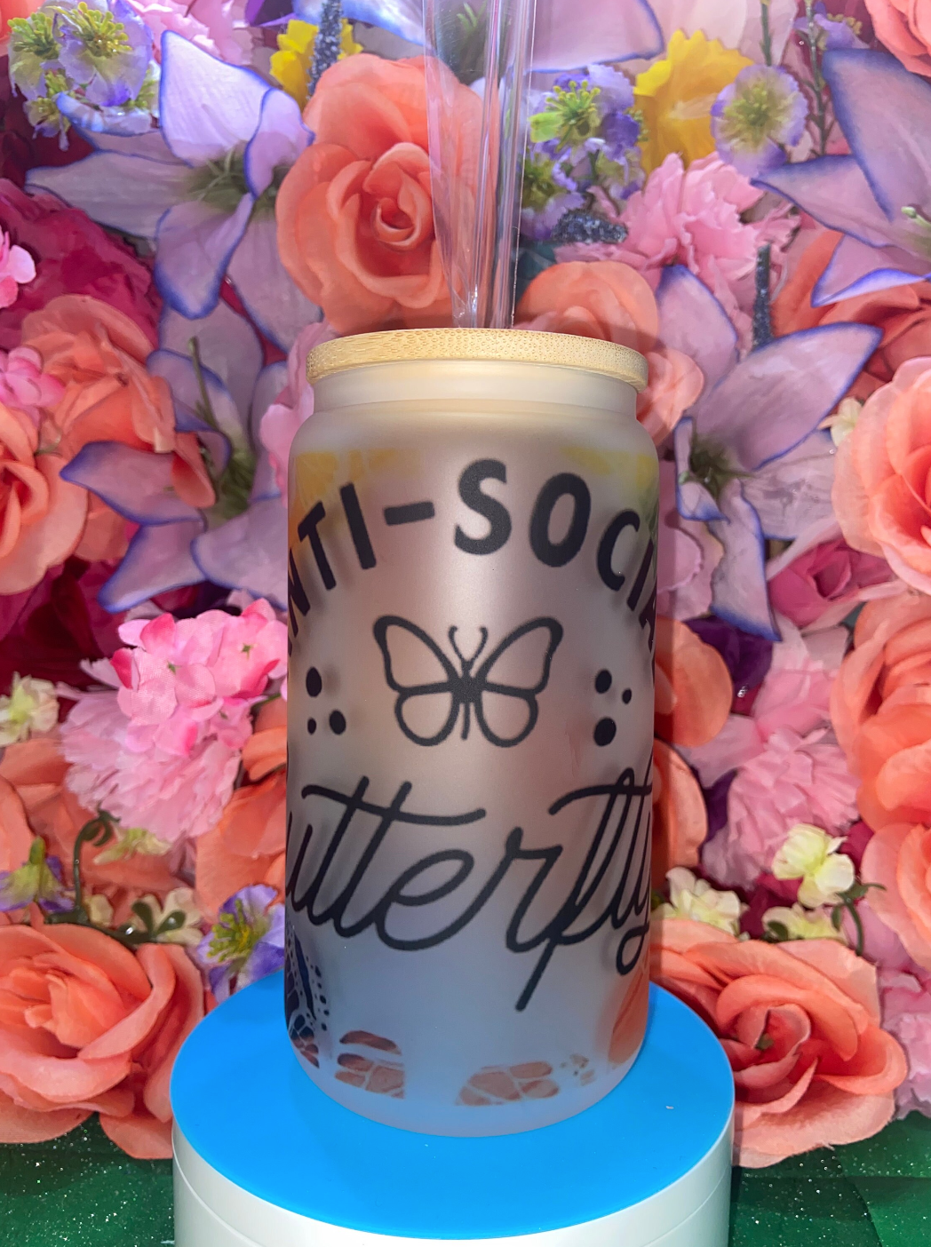 Butterfly Frosted Glass Can Cup 16oz | Cute Iced Coffee Cup w/ Bamboo Lid & Straw | Aesthetic Coquette Drinkware | Gift for Her