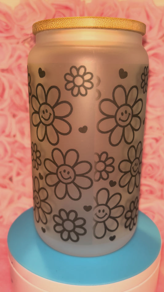 Choose Happy Glass Can Cup 16oz | Retro Smiley Flower Cup w Lid & Straw | Cute Aesthetic Iced Coffee Cup | Trendy Gift for Her